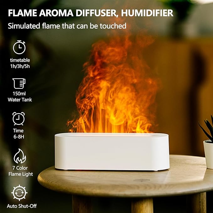 Flame Essential Oil Diffusers, Upgrade 7 Colour Lights Aromatherapy Diffuser, Oil Diffuser, Air Humidifier, Aroma Diffusers For Home, Bedroom, Office, Yoga, Timer & Waterless Auto Off 150ml - Crystalbloomaromatics