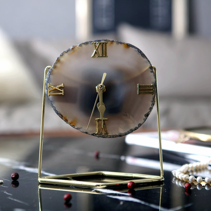 Golden Agate Stone Clock Decoration Fashion Living Room Model Room - Crystalbloomaromatics