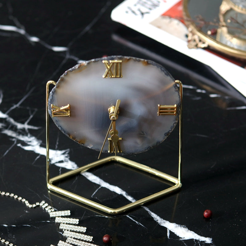 Golden Agate Stone Clock Decoration Fashion Living Room Model Room - Crystalbloomaromatics