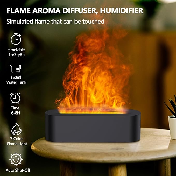 Flame Essential Oil Diffusers, Upgrade 7 Colour Lights Aromatherapy Diffuser, Oil Diffuser, Air Humidifier, Aroma Diffusers For Home, Bedroom, Office, Yoga, Timer & Waterless Auto Off 150ml - Crystalbloomaromatics