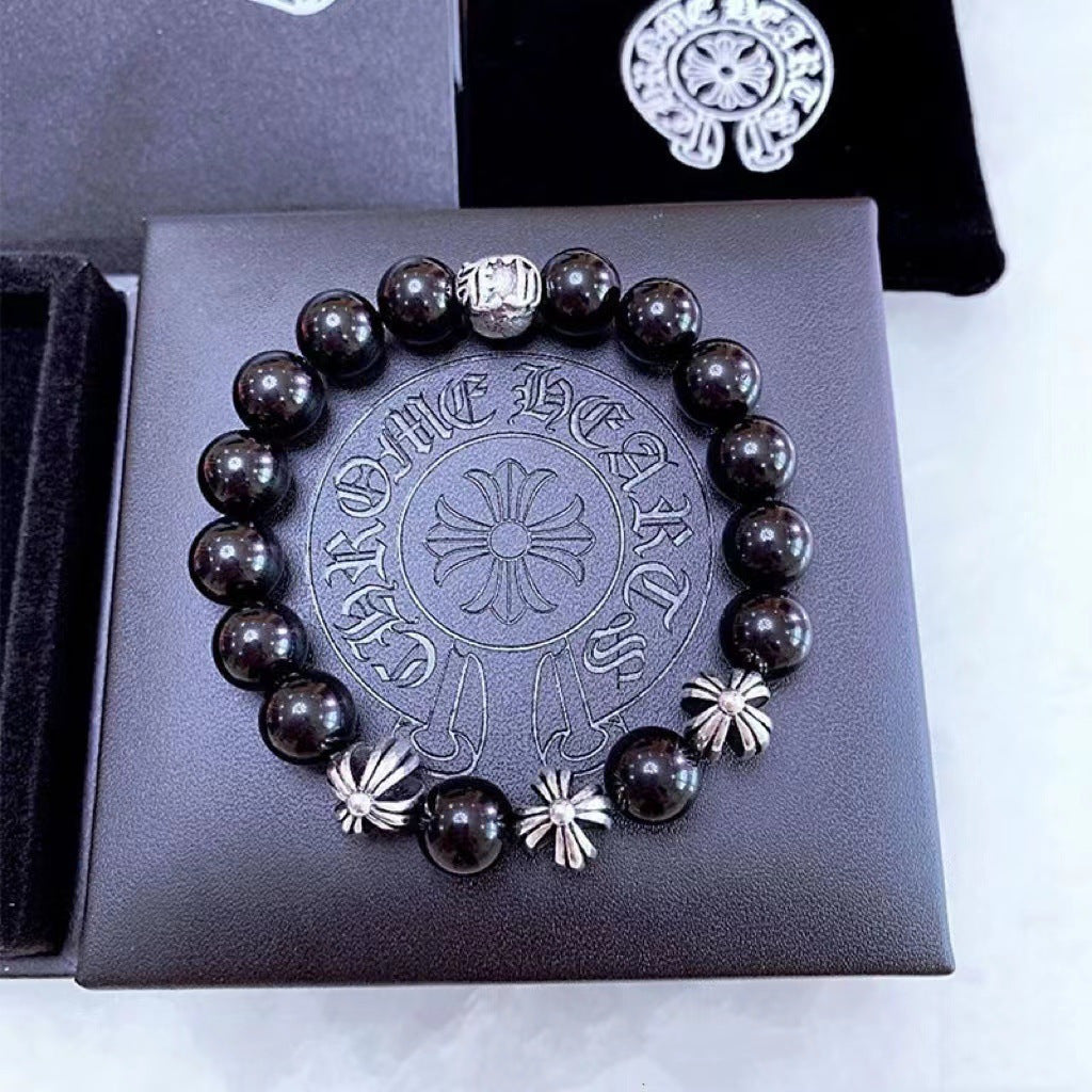 Natural cross obsidian bracelet Hip Hop punk style couple bracelet