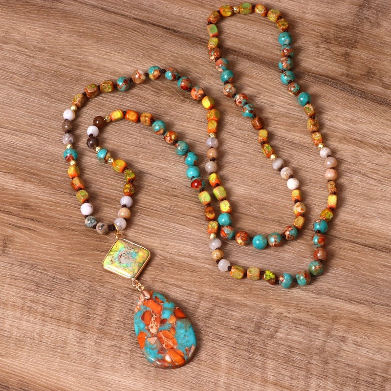 Women&#39;s Colorful Stone Bead Water Drop Necklace - CRYSTALOIL