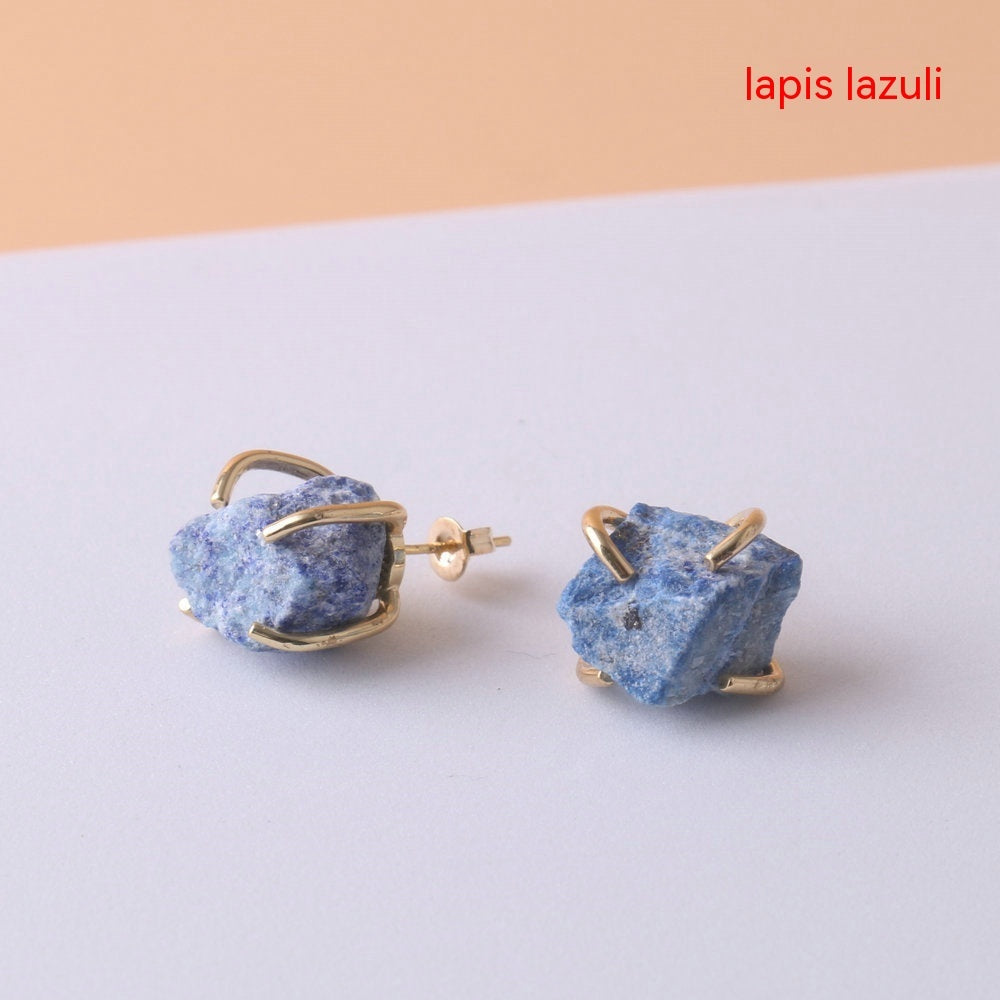 Gold-plated Four-claw Stone Rough Stone Stud Earrings For Women - CRYSTALOIL