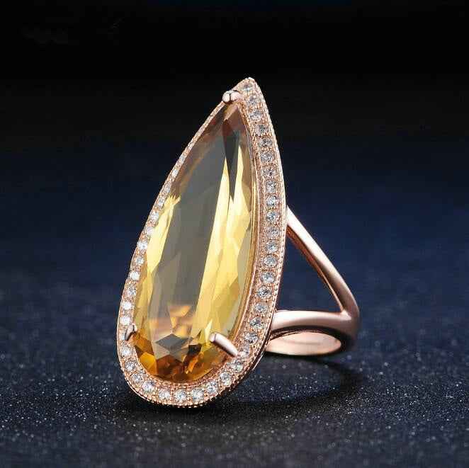 Natural citrine stone luxury waterdrop 925 sterling silver ring fine jewelry for women rose - CRYSTALOIL