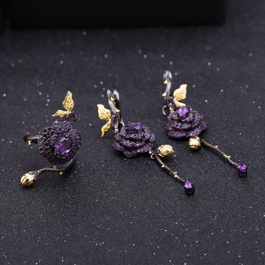 Handmade Silver Amethyst Rose Garland Adjustable Ring - CRYSTALOIL