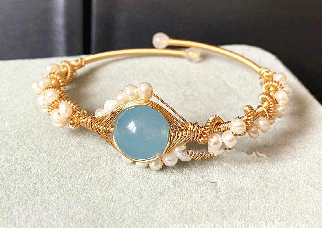 14K GoldWrapped Handmade Bracelet Hailan Baohai Sapphire Natural White Pearl Bracelet - CRYSTALOIL