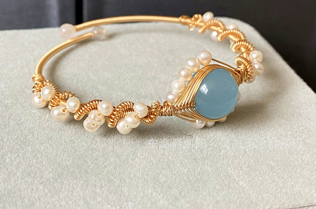 14K GoldWrapped Handmade Bracelet Hailan Baohai Sapphire Natural White Pearl Bracelet - CRYSTALOIL