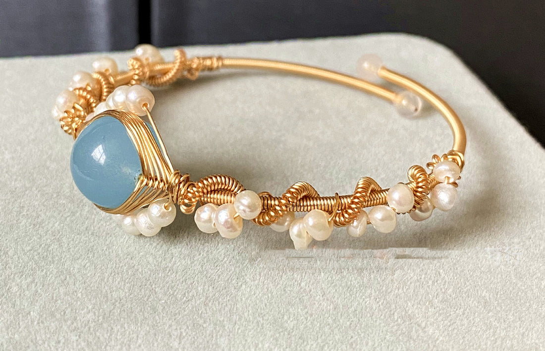 14K GoldWrapped Handmade Bracelet Hailan Baohai Sapphire Natural White Pearl Bracelet - CRYSTALOIL