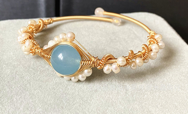 14K GoldWrapped Handmade Bracelet Hailan Baohai Sapphire Natural White Pearl Bracelet - CRYSTALOIL