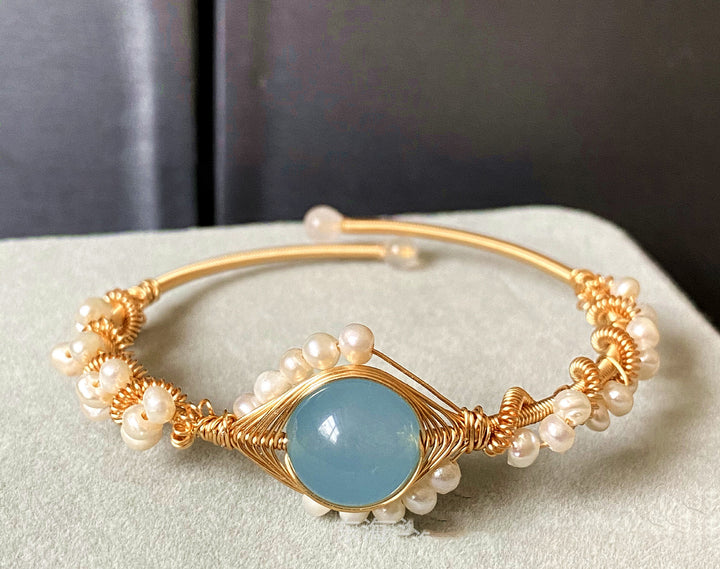 14K GoldWrapped Handmade Bracelet Hailan Baohai Sapphire Natural White Pearl Bracelet - CRYSTALOIL