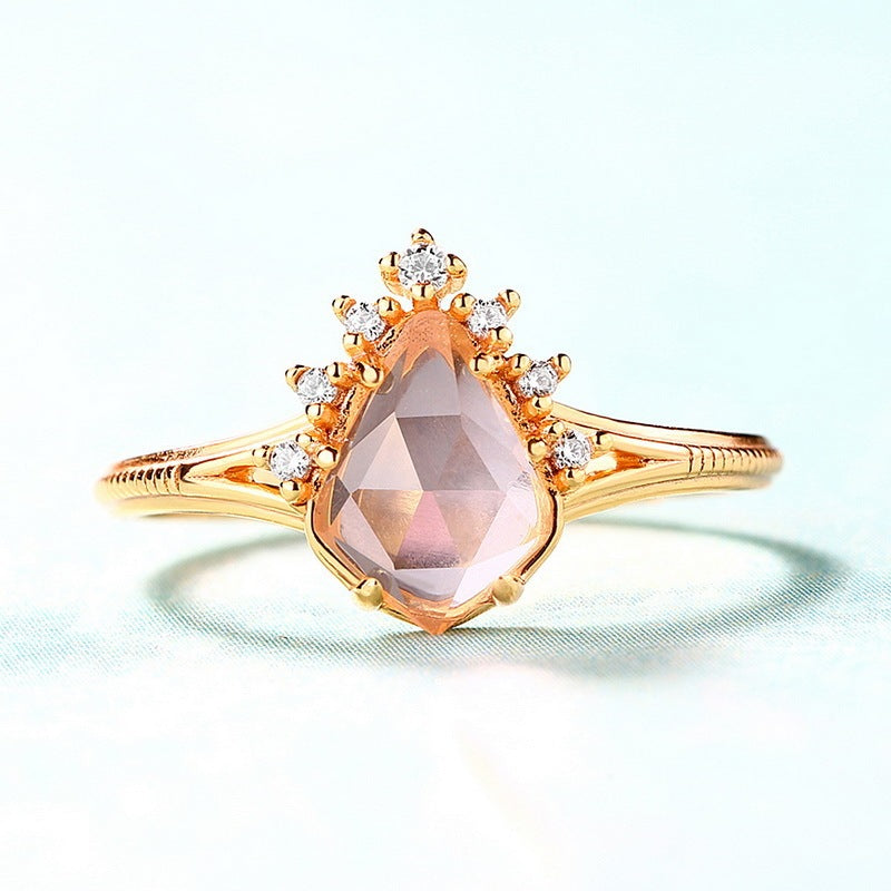 Light Luxury Pink Crystal Hibiscus Stone Sterling Silver Ring Women - Crystalbloomaromatics