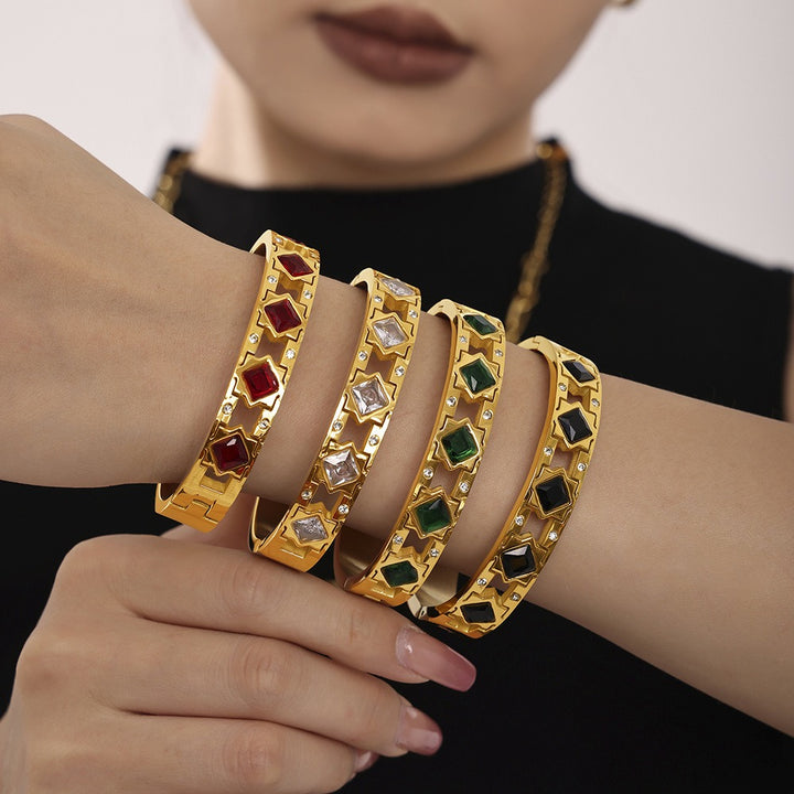 18K gold inlaid square gemstone with hollow design exquisite dazzling bracelet - CRYSTALOIL