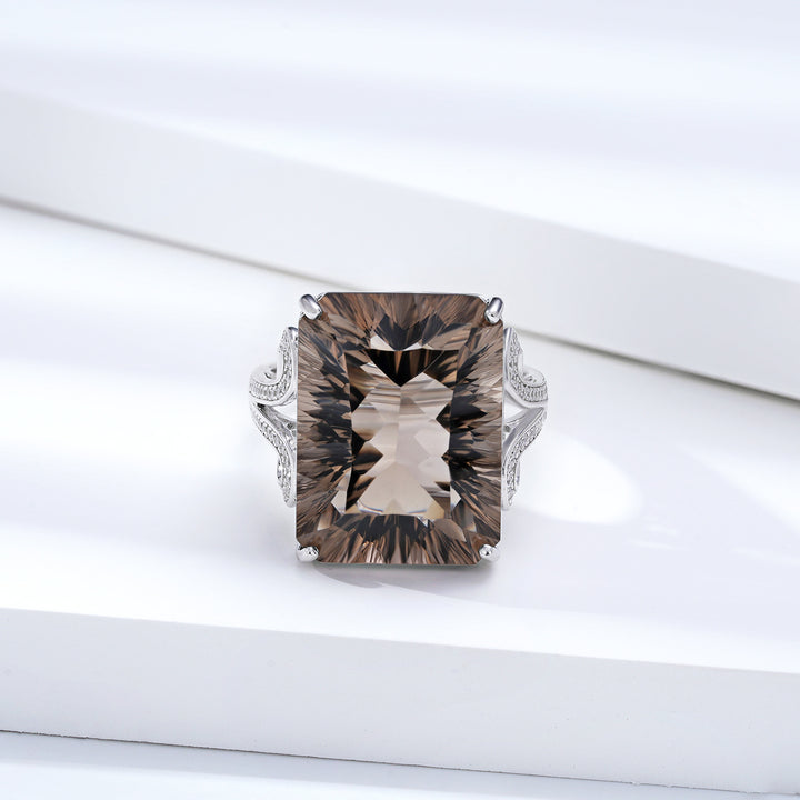 Natural Tea Crystal Ring 925 Silver Set Geometric Square Smoky Crystal Ring - CRYSTALOIL