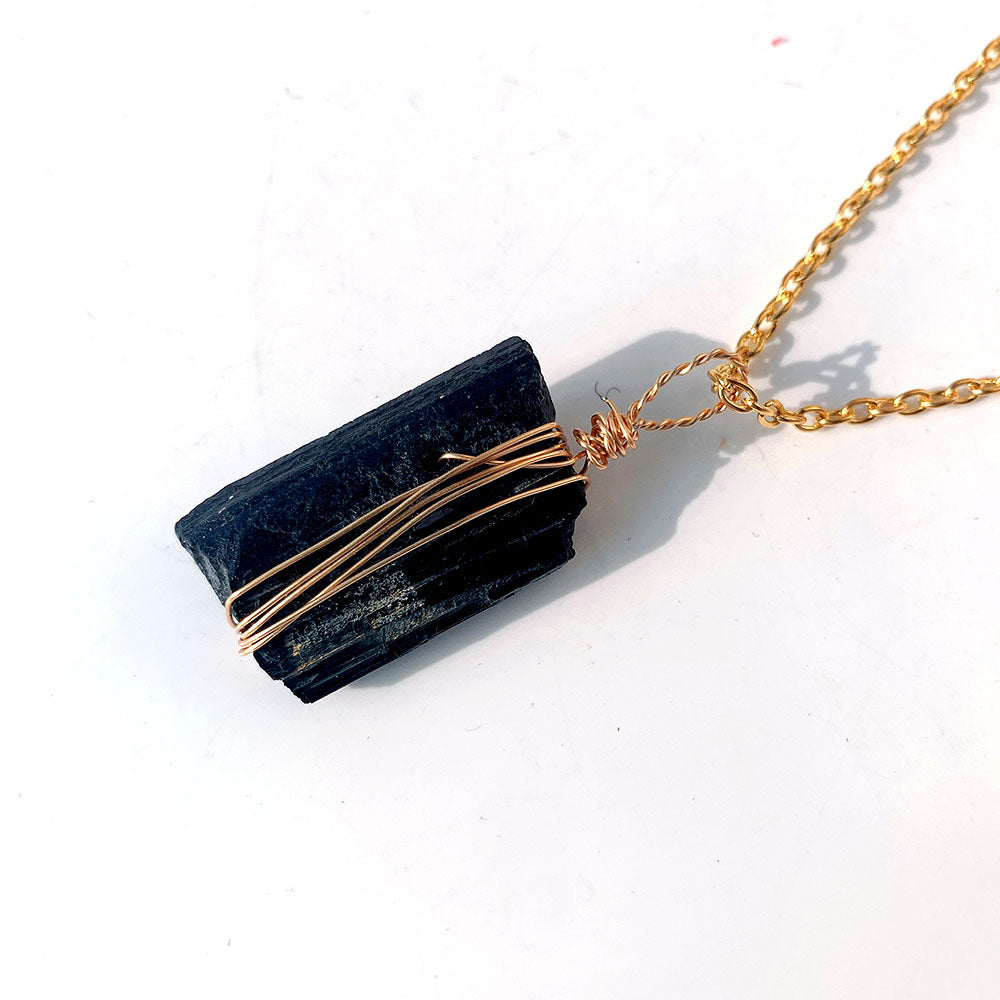 Natural Crystal Rough Black Tourmaline Gold Chain