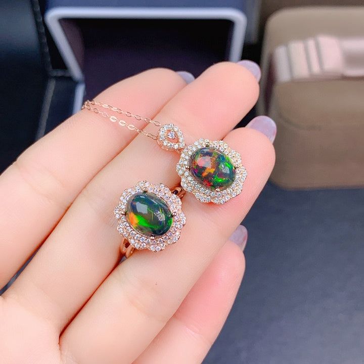 Natural Colorful Black Opal Set Ring Pendant Crystal with Colorful undertones - CRYSTALOIL