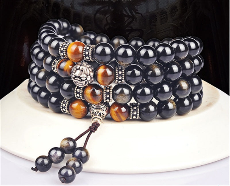 Natural Gold Obsidian Bracelet 108 Buddha Beads With Tibetan Silver Round Beads,  Natural Gold Obsidian Bracelet. - CRYSTALOIL