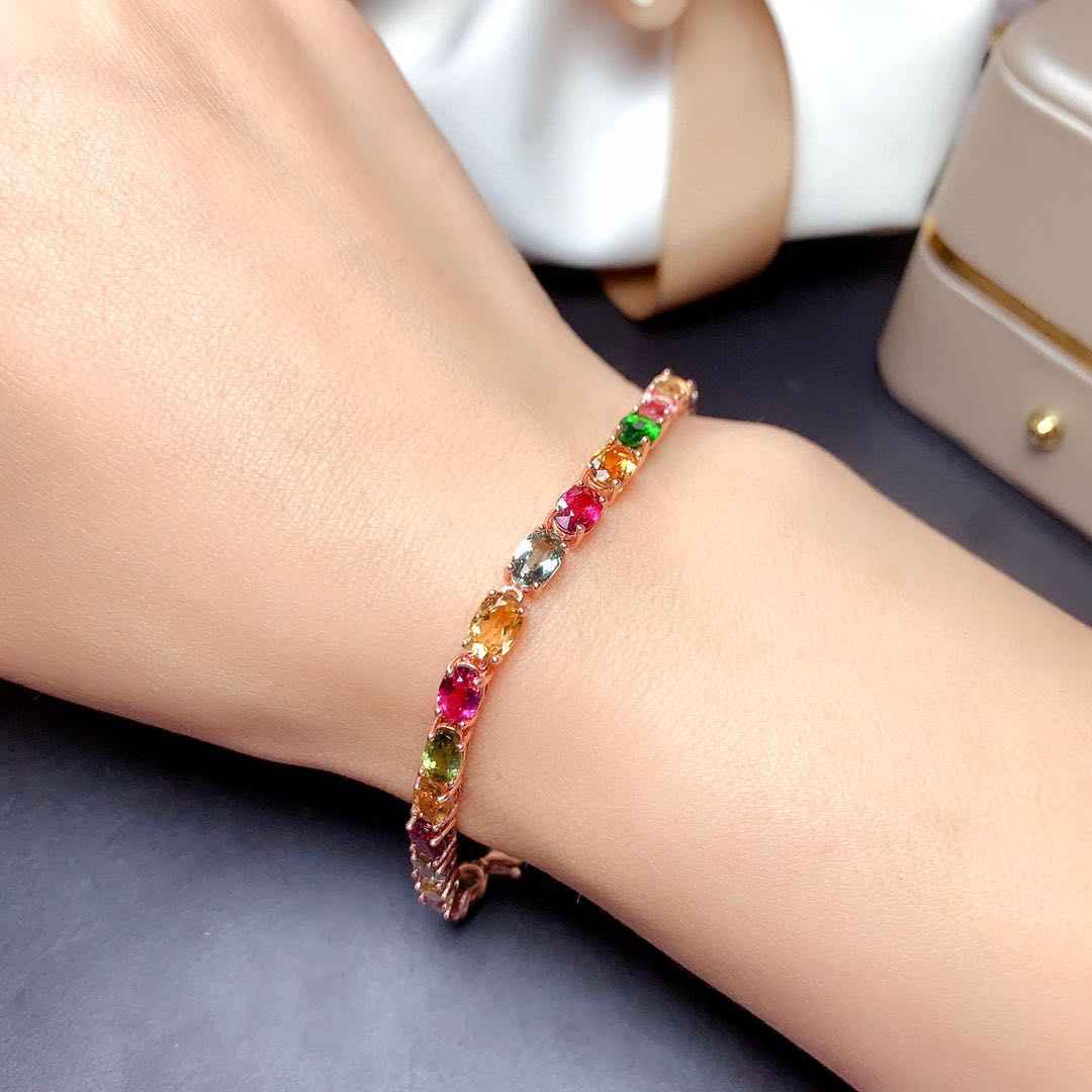 Multi Color Tourmaline Bracelet - Elegant Sterling Silver Jewelry with Radiant Stones - CRYSTALOIL