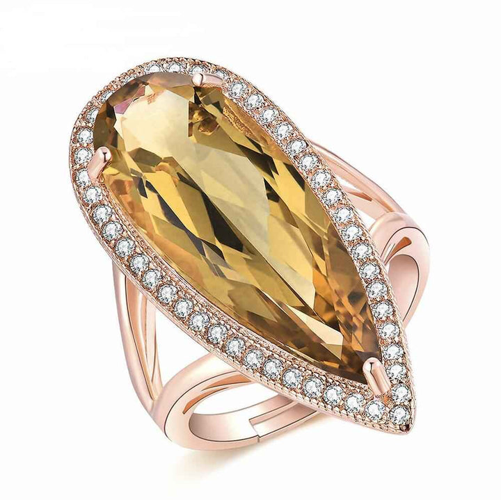 Natural citrine stone luxury waterdrop 925 sterling silver ring fine jewelry for women rose - CRYSTALOIL