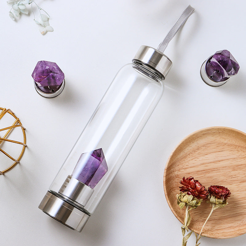 Natural Crystal Column Energy Glass Water Bottle,  "Elevate your hydration ritual with our Natural Crystal Column Energy Glass Water Bottle, designed to infuse your water with the revitalizing properties of crystals. Crafted with care,.