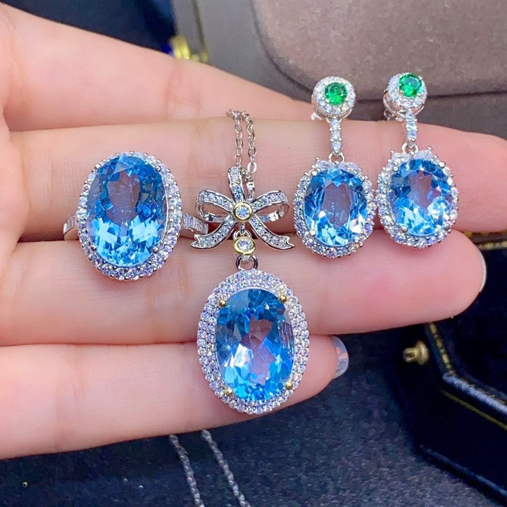 Natural Sky Blue Topaz Set Ring Pendant Earring Crystal - CRYSTALOIL