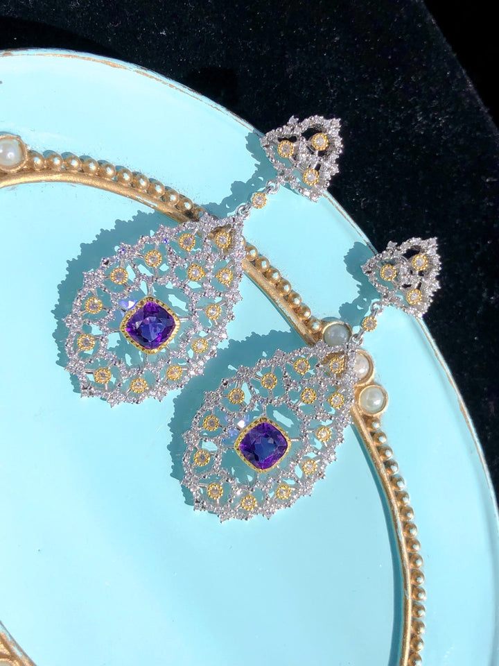 Luxury 925 Silver Plated Natural Amethyst Drop Earrings - CRYSTALOIL