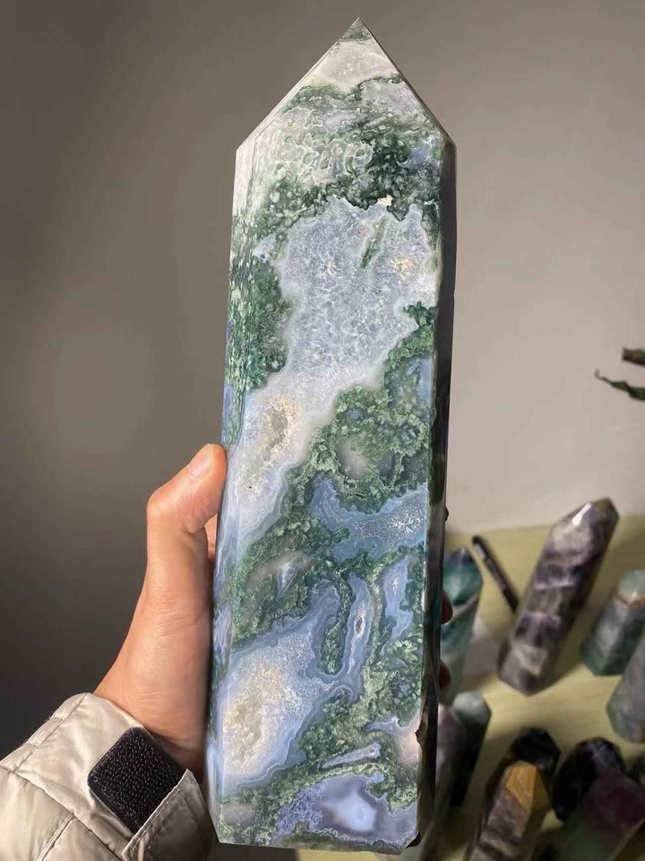 Natural Large Moss Agate Crystal Tower Ornament, a stunning addition to any space. Crafted from genuine moss agate, this piece of stexudes elegance and tranquility, - CRYSTALOIL