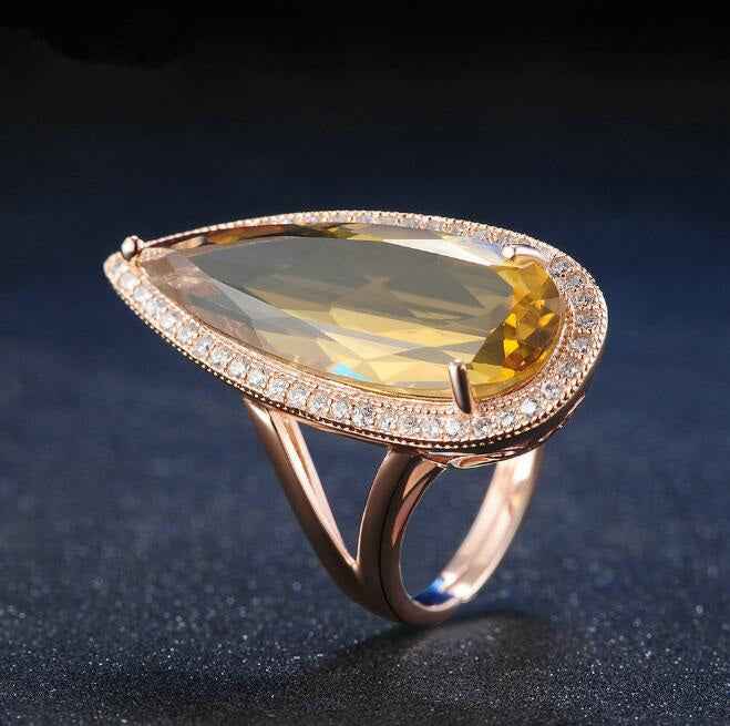 Natural citrine stone luxury waterdrop 925 sterling silver ring fine jewelry for women rose - CRYSTALOIL