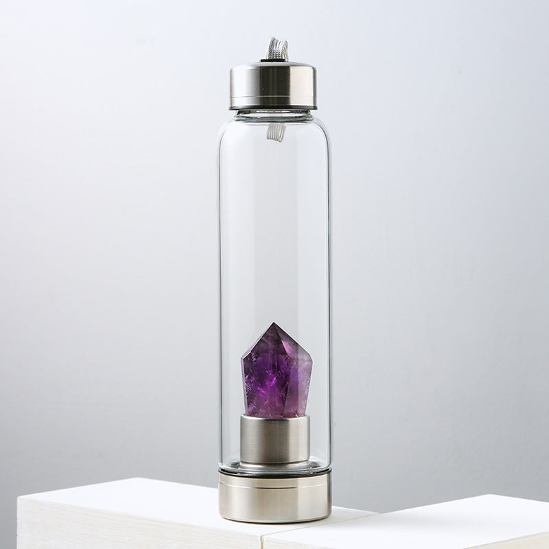 Natural Crystal Column Energy Glass Water Bottle,  "Elevate your hydration ritual with our Natural Crystal Column Energy Glass Water Bottle, designed to infuse your water with the revitalizing properties of crystals. Crafted with care,.