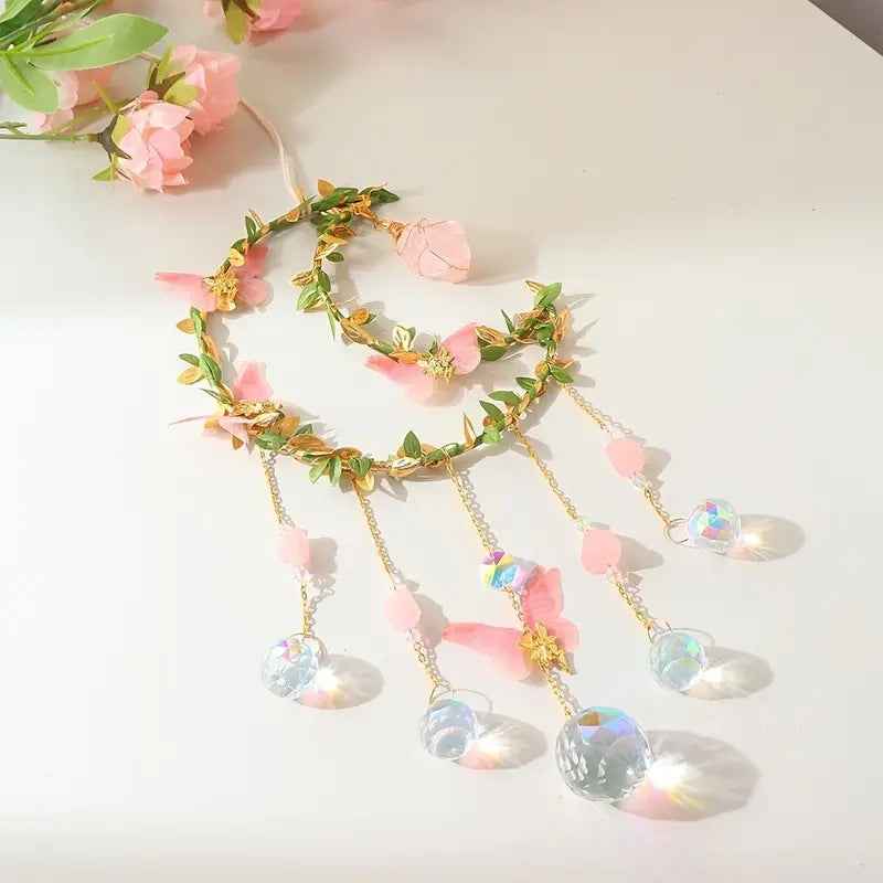 Sun Catcher Winding Leaf Flower Butterfly Leaves Moon Natural Crystal Pendant - CRYSTALOIL