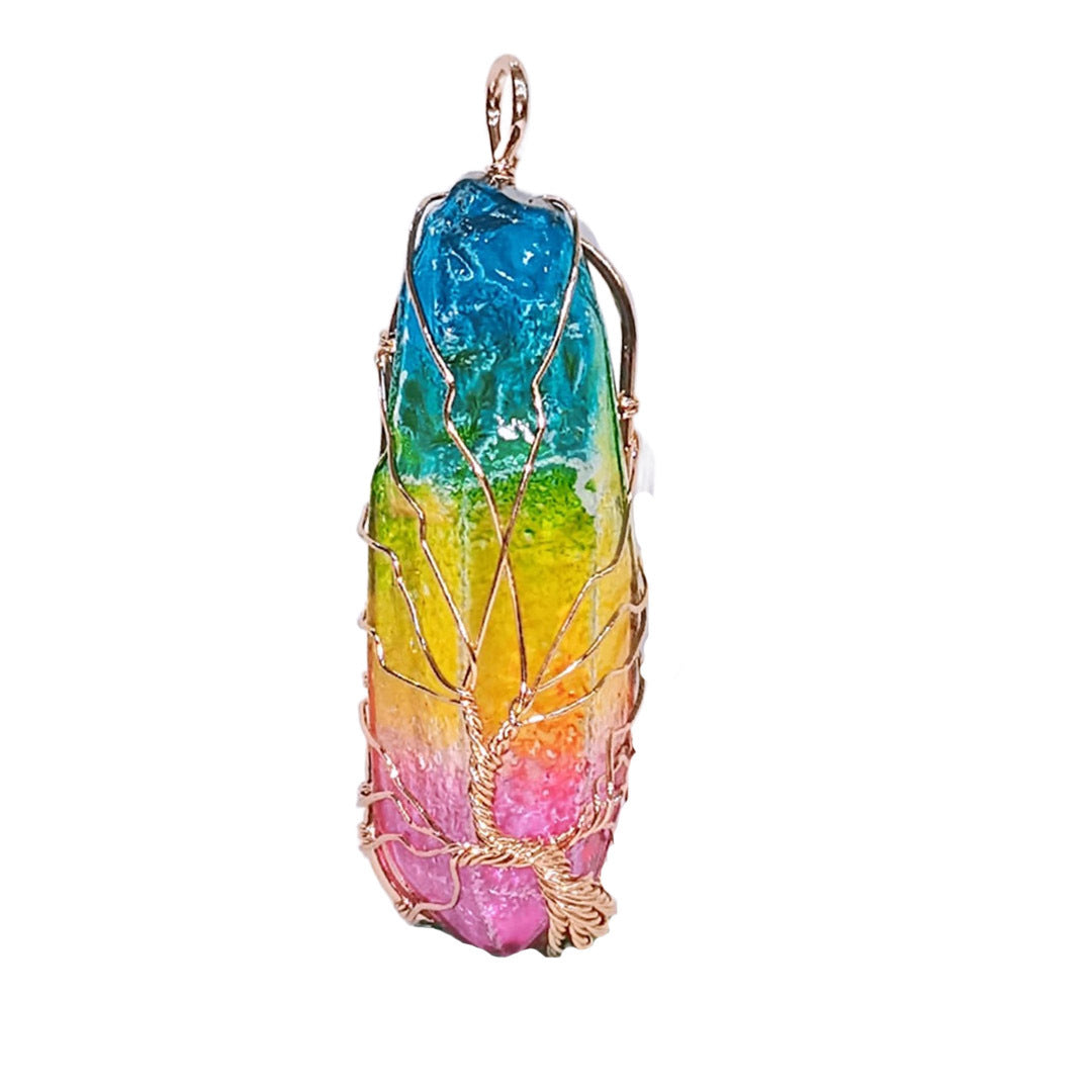 Crystal Pillar Wound Copper Wire Tree Of Life Pendant Necklace - CRYSTALOIL