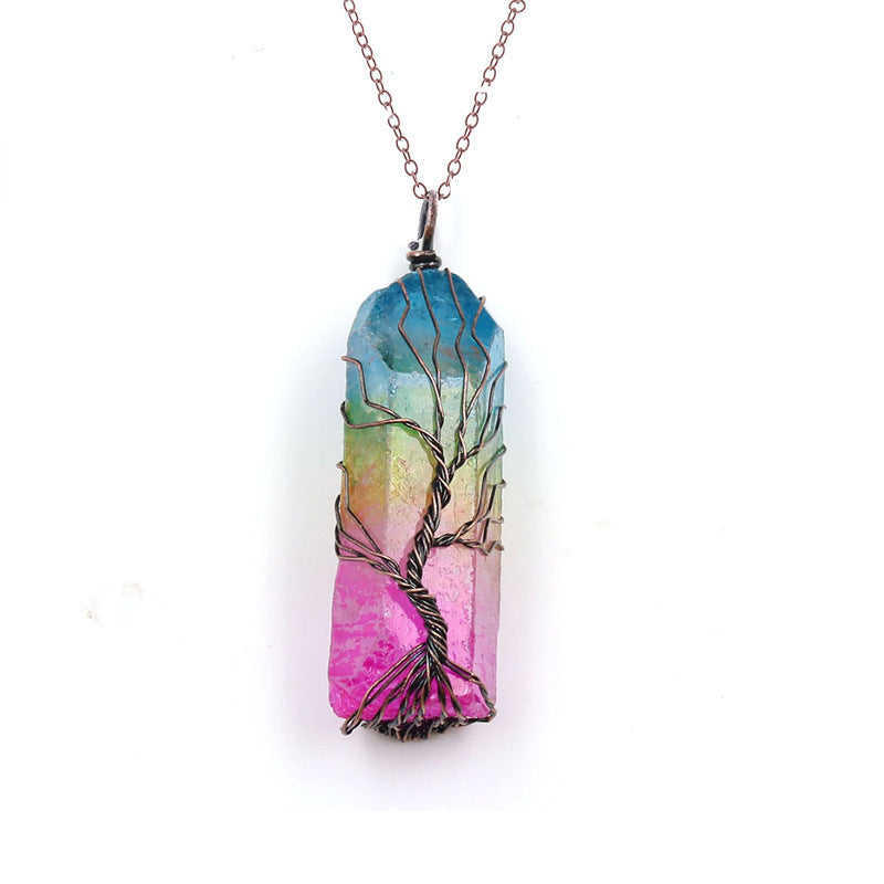 Crystal Pillar Wound Copper Wire Tree Of Life Pendant Necklace - CRYSTALOIL