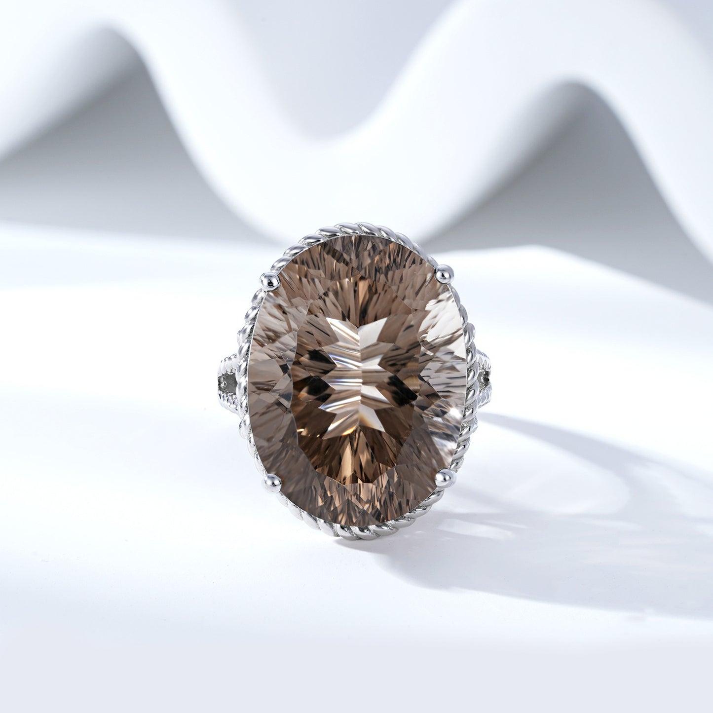 Luxury Wind Jewelry Natural Tea Crystal Ring S925 Silver Inlaid Smoky Crystal - CRYSTALOIL