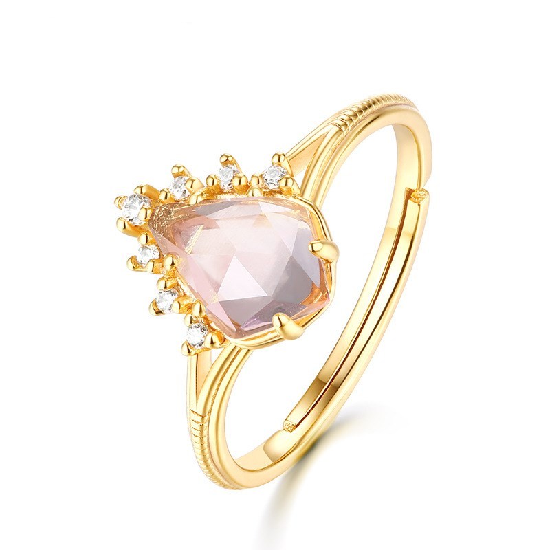 Light Luxury Pink Crystal Hibiscus Stone Sterling Silver Ring Women - Crystalbloomaromatics