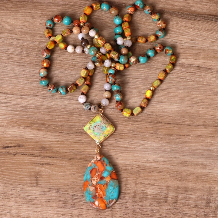 Women&#39;s Colorful Stone Bead Water Drop Necklace - CRYSTALOIL