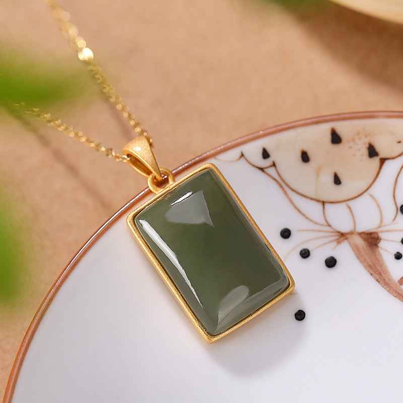 Sterling Silver Gold-plated Hetian Jade Sapphire Pendant, this pendant exudes luxury and sophistication - CRYSTALOIL