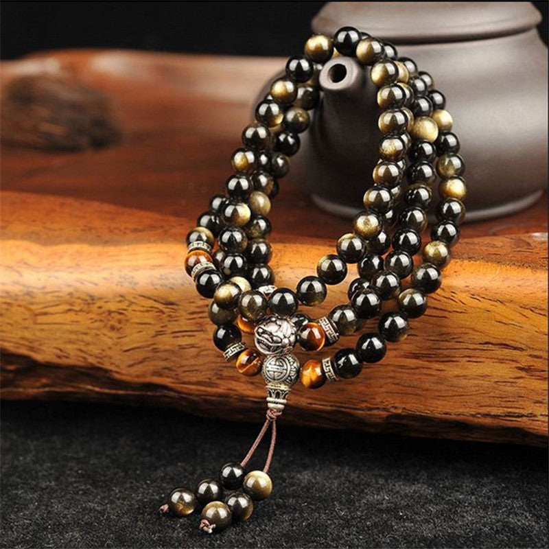 Natural Gold Obsidian Bracelet 108 Buddha Beads With Tibetan Silver Round Beads,  Natural Gold Obsidian Bracelet. This exquisite piece is crafted with 108 Buddha beads, - CRYSTALOIL