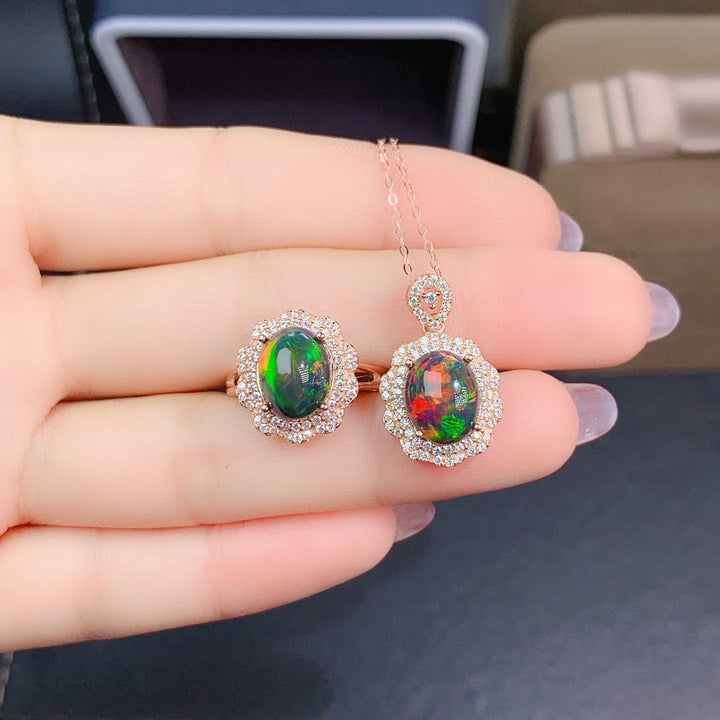 Natural Colorful Black Opal Set Ring Pendant Crystal with Colorful undertones - CRYSTALOIL