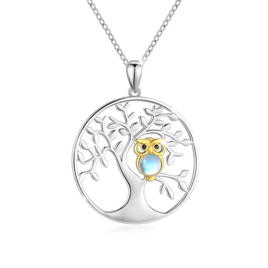 Tree of Life with Moonstone Owl Clearance Pendant Necklace in 925 Sterling Silver - Crystalbloomaromatics