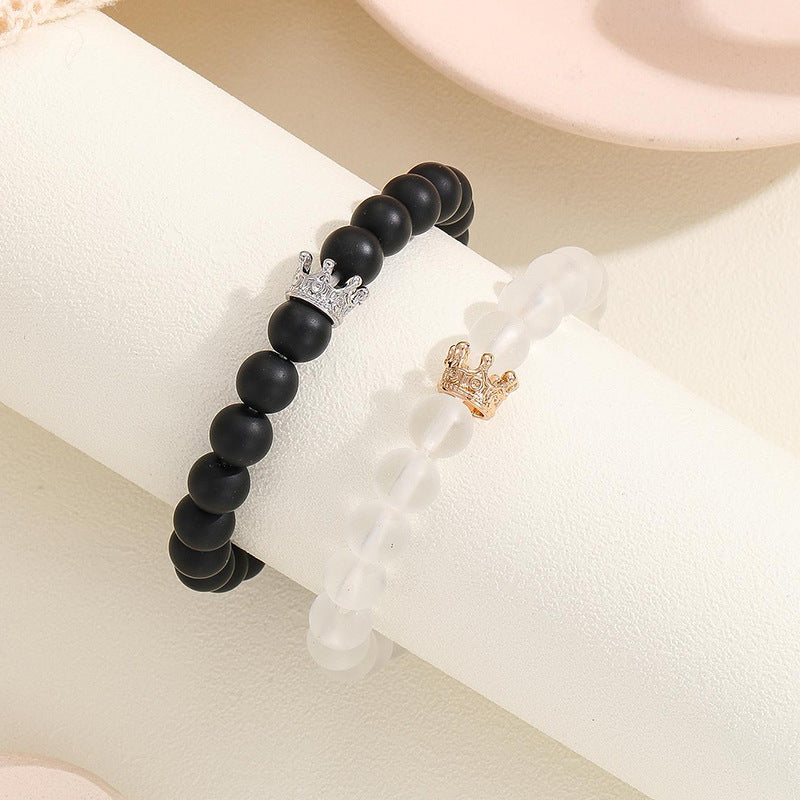 Fashion Jewelry 2pcs Handmade Crown Beaded Charms Bracelet Luminou Heart Glow In The Dark Couple Bracelet For Lover Men Women Fluorescent Gift - CRYSTALOIL