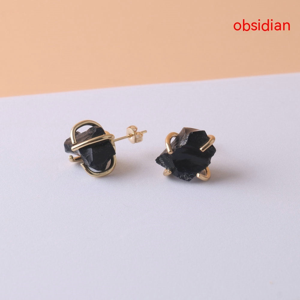 Gold-plated Four-claw Stone Rough Stone Stud Earrings For Women - CRYSTALOIL