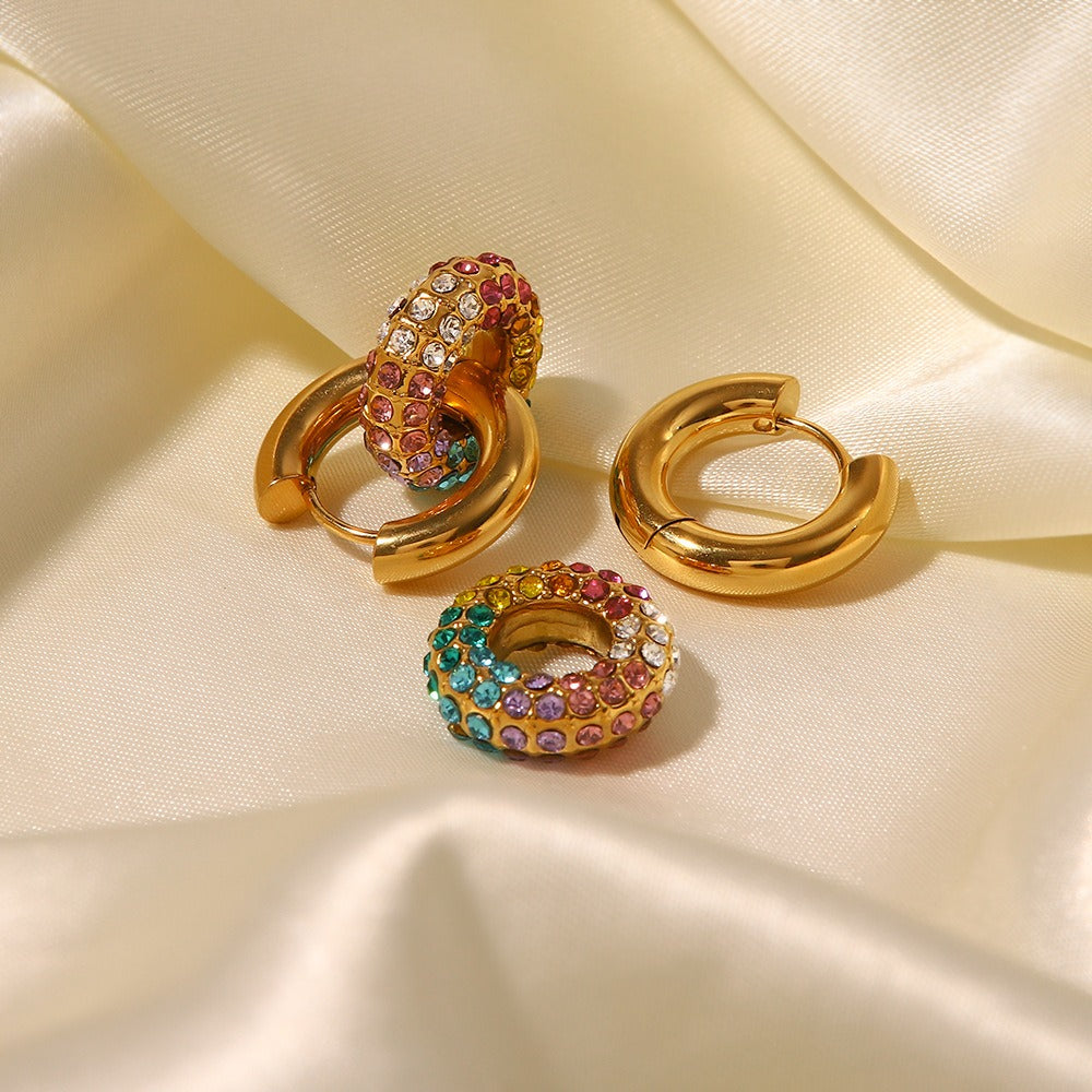 18K gold exquisite and noble donut-shaped earrings inlaid with diamonds, light luxury style - CRYSTALOIL