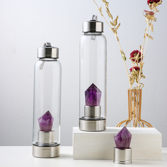 Natural Crystal Column Energy Glass Water Bottle,  "Elevate your hydration ritual with our Natural Crystal Column Energy Glass Water Bottle, designed to infuse your water with the revitalizing properties of crystals. Crafted with care,.