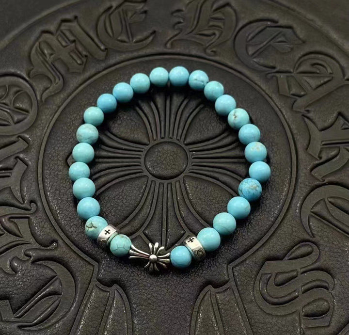 Obsidian Turquoise 6mm bracelet Thai silver vintage men's and women's personality classic beaded - CRYSTALOIL