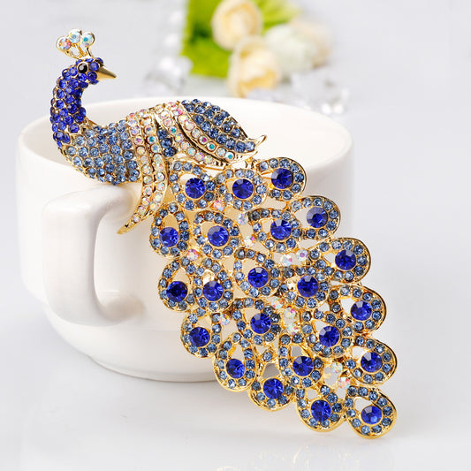 Extra Large Sapphire Crystal Rhinestone Peacock Brooch - CRYSTALOIL