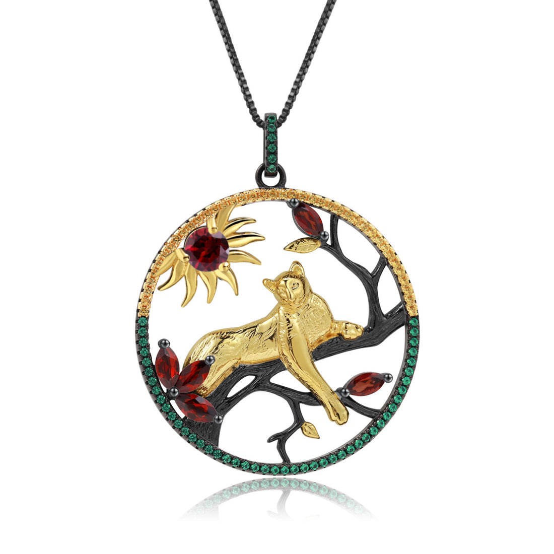 Animal Tiger Element Design 925 Silver Natural Garnet Necklace Pendant - CRYSTALOIL