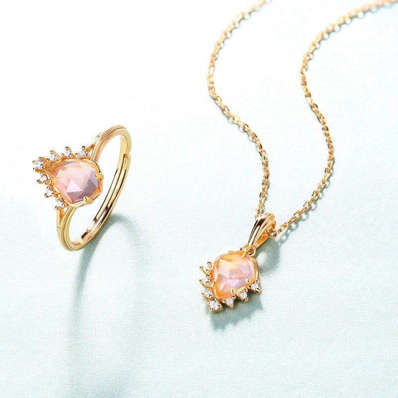 Light Luxury Pink Crystal Pink Quartz Stone Sterling Silver Ring Women - CRYSTALOIL