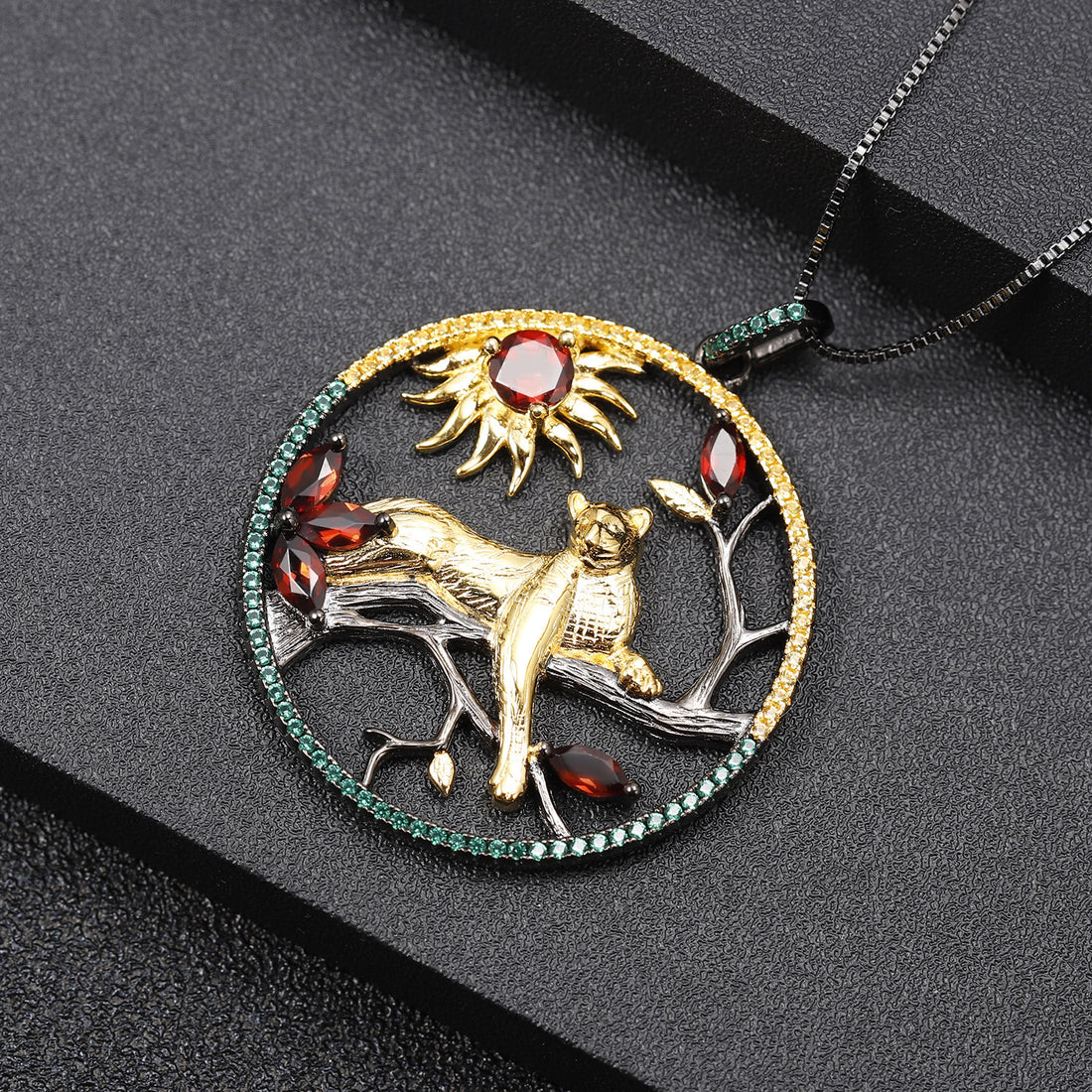 Animal Tiger Element Design 925 Silver Natural Garnet Necklace Pendant - CRYSTALOIL