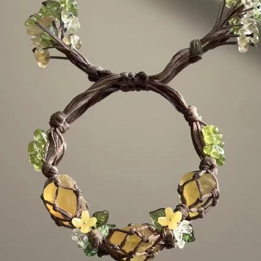 Oanthus tree and vitality macrame crystal stone woven hand rope flowered ite bracelet - CRYSTALOIL
