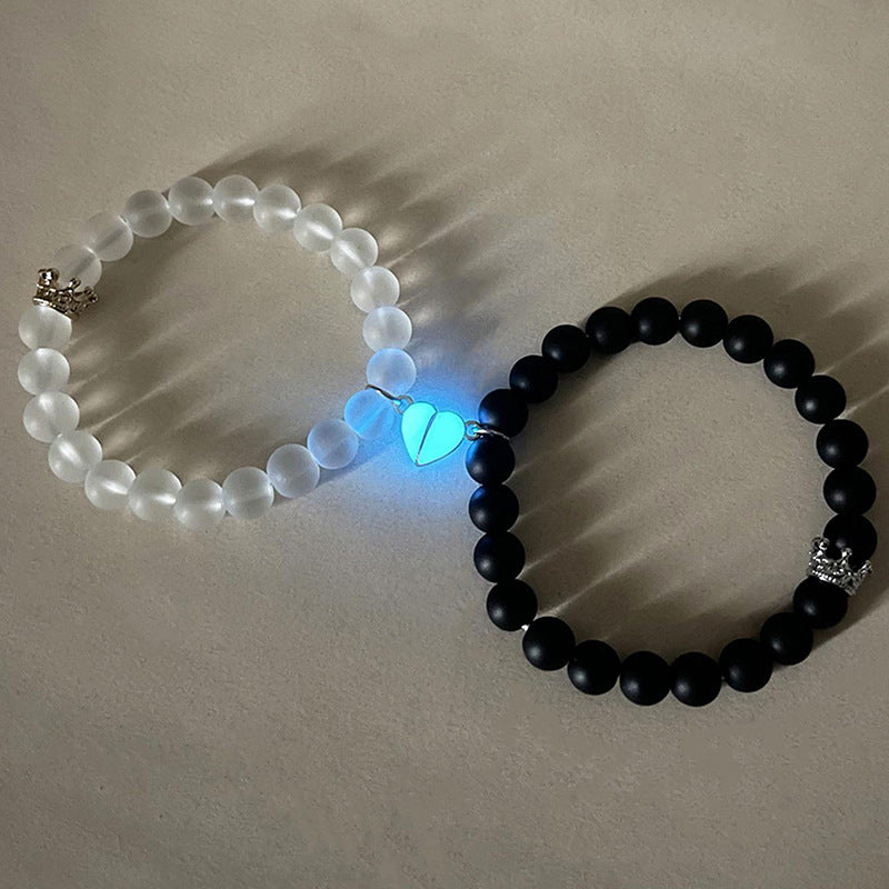 Fashion Jewelry 2pcs Handmade Crown Beaded Charms Bracelet Luminou Heart Glow In The Dark Couple Bracelet For Lover Men Women Fluorescent Gift - CRYSTALOIL