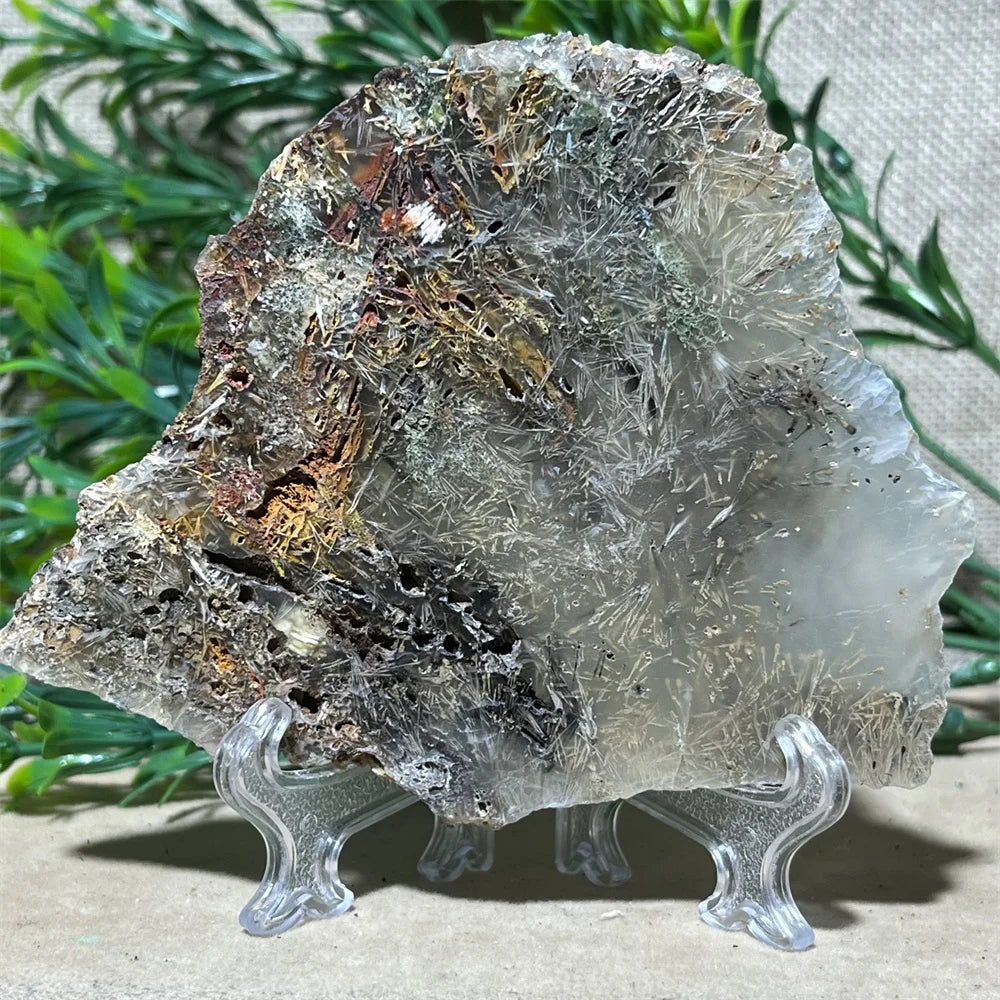 Crystal Natrural Agate Rutile Slab Slice Stone Reiki High Quality Beauty Healing Quartz Minerals Home Decoration + Stand - CRYSTALOIL